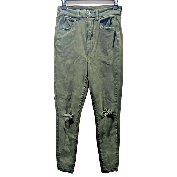American Eagle Jeans 6 Curvy Super Hi Rise Camo Distressed Green Stretch Denim - Picture 2 of 5
